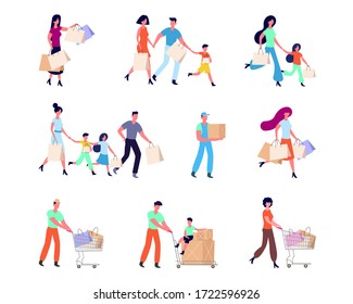 People With Shopping Set. A Family With Children And Packages Goes Shopping Center Woman With Grocery Car Bags Man With Heavy Load Car And Child, Courier Parcel. Vector Flat Graphics.