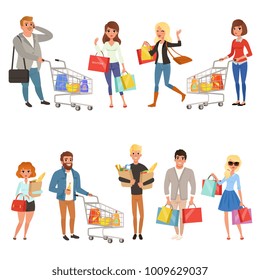 People shopping set. Flat cartoon characters in supermarket with shopping carts and paper bags with food. Vector illustrations isolated on white.