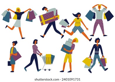 La gente compra con un diseño de carácter plano para la web. Agrupar a personas de diferentes mujeres y hombres con bolsas, cajas y carros de supermercado haciendo compras y pedidos en tiendas. Ilustración vectorial.
