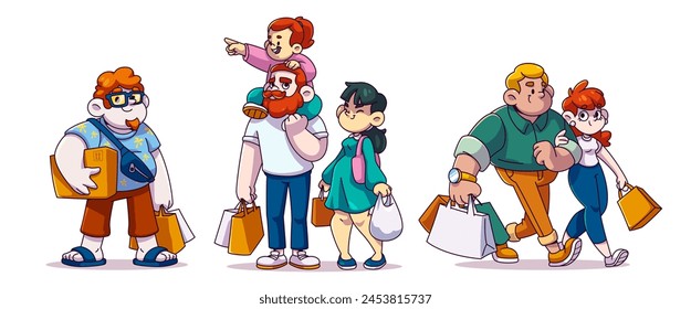 Personas de compras conjunto aislado sobre fondo blanco. Ilustración de dibujos animados de Vector de hombre joven, familia con niño, pareja feliz caminando con bolsos y paquetes de supermercado, Clientes de tiendas, descuentos en centros comerciales