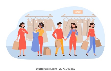 People shopping set. Regular customers in clothing store. Cheap goods, discounts, special offers. Characters in fitting room. Happy family with purchase, couple. Cartoon flat vector illustration