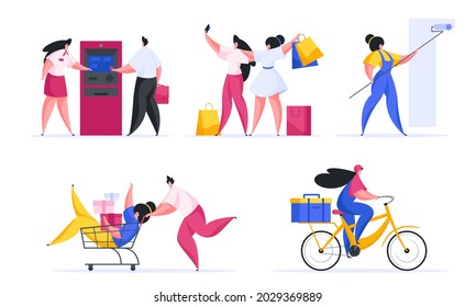 People shopping set vector flat illustration. Woman consultant shows man how pay at ATM. Two female characters take selfies with purchases in color bags. Courier girl delivers order on yellow bike.