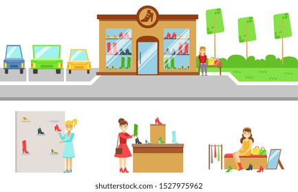 People Shopping for Shoes in Store Set, Shoe Shop Building and Interior Elements Vector Illustration