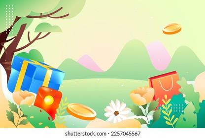 People shopping in spring with flowers and trees in the background, vector illustration