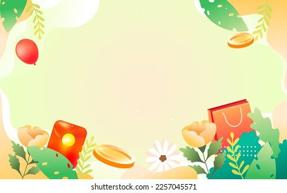 People shopping in spring with flowers and trees in the background, vector illustration