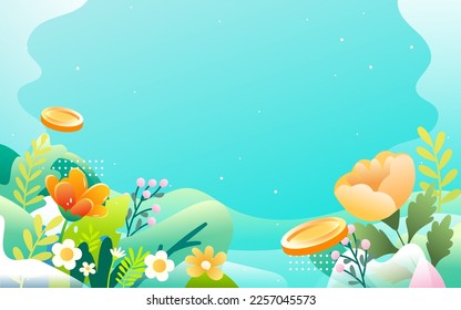 People shopping in spring with flowers and trees in the background, vector illustration