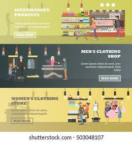 People shopping in a store and local market concept banners. Colorful vector illustration. Customers buy products in food supermarket, trying clothes.