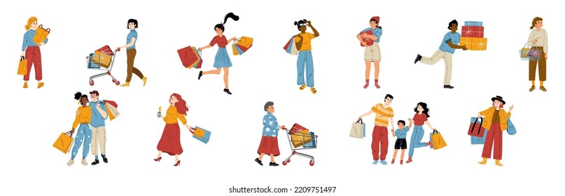 People shopping in store, mall or market. Diverse characters with bags, cart and package boxes, family with kid, couple, elder woman, men and girls with purchases, vector hand drawn illustration