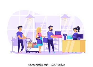 People shopping in store scene. Men and women holding purchases queuing up at checkout. Cashier in clothing and footwear shop. Retail, sale concept. Vector illustration of characters in flat design