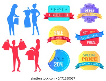 People shopping at store vector, silhouette of man and woman with bags. Super sale best choice, premium quality products. Discounts and offers banners. Business sale stikers. Flat cartoon