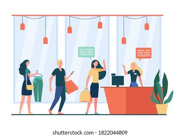 People shopping in store and waiting in line or queue flat vector illustration. Cartoon seller standing and greeting customers. Sale, discount and special offer concept