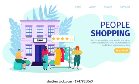 Leute im Geschäft einkaufen, Vektorgrafik auf der Webseite. Männliche Figur im Business-Shop mit flachem Verkaufskonzept. Kunde kauft Kleidung online