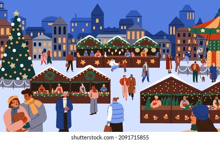 People shopping at street Christmas market. Winter holiday fair with stalls, kiosks decoration and Xmas tree on square of European city. Happy families and children lifestyle. Flat vector illustration