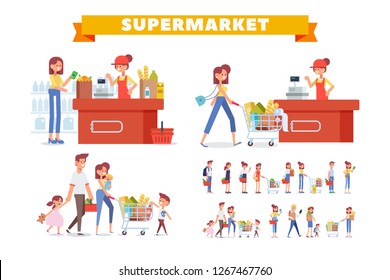 People Shopping in supermarket big vector set. Flat Woman cashier and customers. Family shopping together.  Big sale. Flat vector illustration. 