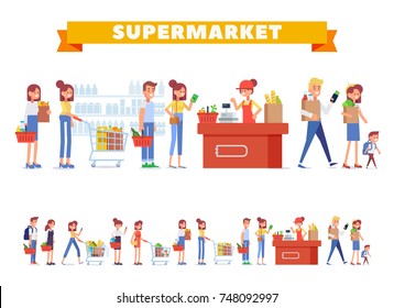 People Shopping in supermarket Big vector set. Flat Vector character woman cashier in supermarket. Concept illustration for banner. Cartoon modern style.