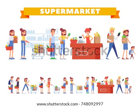 People Shopping in supermarket Big vector set. Flat Vector character woman cashier in supermarket. Concept illustration for banner. Cartoon modern style.