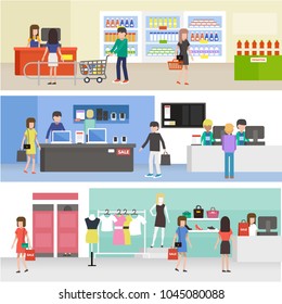 People shopping in supermarket, buying product in clothing, electronics and grocery store. Vector illustration.