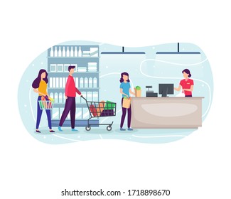 People shopping at supermarket and buying product. People line up at the cashier, Grocery shopping concept. Queuing at the cashier to pay for groceries. Vector illustration in flat style