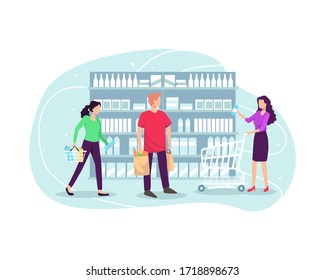 People shopping at supermarket and buying product. Choosing products on the shelves and pushing carts or shopping baskets, Grocery shopping concept. Vector illustration in flat style