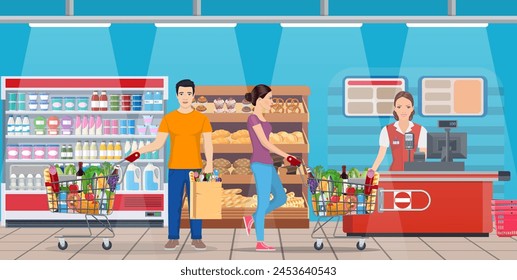 Menschen, die im Supermarkt einkaufen und Produkte, Gefrierschrank, Regale und Kasse bei der Arbeit, Lebensmittelgeschäft und Konsumkonzept kaufen. Vektorillustration im flachen Stil