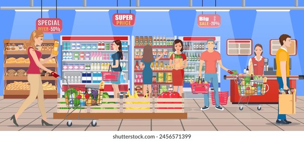 People shopping at supermarket and buying products, freezer, shelves and checkout operator at work, grocery and consumerism concept. Vector illustration in flat style