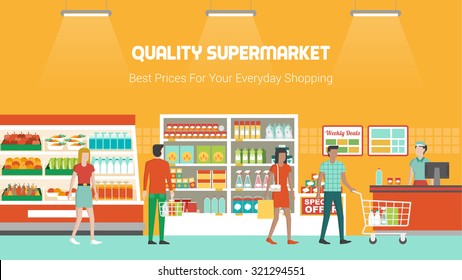 People shopping at supermarket and buying products, freezer, shelves and checkout operator at work, grocery and consumerism concept