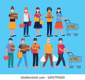 people shopping in supermarket with face mask vector illustration design