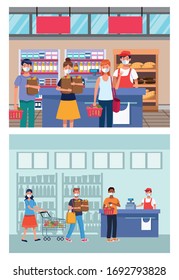 people shopping in supermarket with face mask vector illustration design