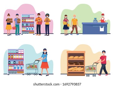 people shopping in supermarket with face mask vector illustration design
