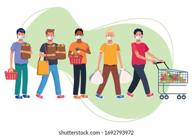 people shopping in supermarket with face mask vector illustration design
