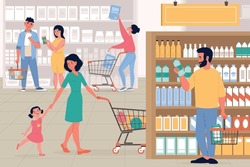 People Shopping Supermarket. Female And Male Characters Choose Products In Store, Consumers Visiting Grocery, Happy Byers, Shelves With Food And Drinks, Cartoon Flat Vector Concept