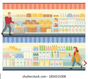 People are shopping at the supermarket. Flat illustration on the background of shelves with food and household chemicals