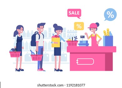 Leute, die im Supermarkt einkaufen. Flat Vector Figur Frau Kasse im Supermarkt. Concept Illustration für Shop, Banner. Gesunde Lebensmittel, Kassen und Käufer.