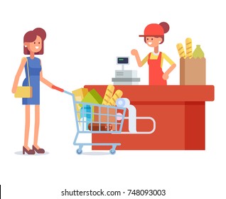 Leute, die im Supermarkt einkaufen. Flat Vector Figur Frau Kasse im Supermarkt. Concept Illustration. Kasse, Kasse und Käufer mit Warenkorb.