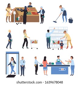 People shopping in supermarket, grocery store hand draw vector illustration. Cartoon characters buying food in shop, supermarket customers line checkout counter, grocery store employees basket trolley