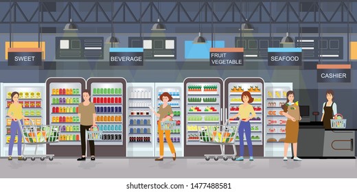 People shopping in supermarket interior with goods on shelves and counter cashier, big shopping mall  vector illustration.