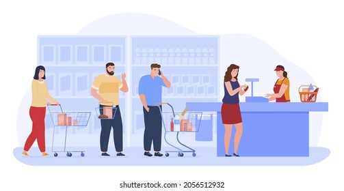 People shopping at supermarket paying standing in queue to cashier counter desk vector flat illustration. Man and woman customers with trolley and basket full of products purchase at grocery isolated