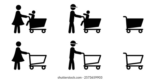 People are shopping. Supermarket pushcart. Shopping cart or trolley, man or woman with kids. Supermarket, self service. Online shop market keeper. Shopkeeper icon. Empty handcart. 