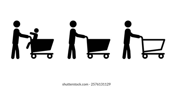 People are shopping. Supermarket pushcart. Shopping cart or trolley, man or woman with kids. Supermarket, self service. Shop market keeper. Shopkeeper icon. Empty handcart. Pushing shopping carts