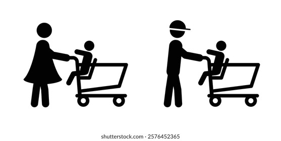 People are shopping. Supermarket pushcart. Shopping cart or trolley, man or woman with kids. Supermarket, self service. Online shop market keeper. Shopkeeper icon. Empty handcart. 