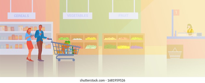 People shopping in Supermarket Store Shop Mall Flat vector illustration. Couple Man and Woman buying products food with shopping cart walking near Fruits and Vegetables.