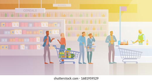 People shopping in Supermarket Store Shop Mall Flat vector illustration. Men and Women buying products food with shopping cart and standing paying at the cash desk.