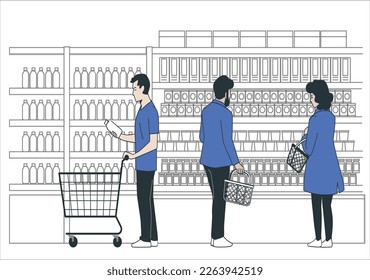 People shopping at the supermarket, they are choosing products on the shelves and pushing carts or shopping baskets. People Visiting Supermarket for Buying Grocery. Men and Women Choosing Product