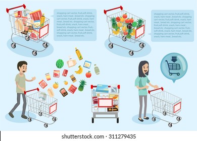 people are shopping in supermarket and they are going to cashier with cart full - Vector Illustration, Graphic Design