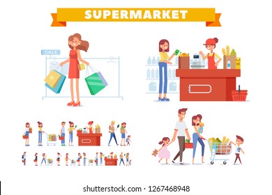 People Shopping In Supermarket Vector Set. Flat Woman Cashier And Customers. Family Shopping Together.  Big Sale. Flat Vector Illustration. 