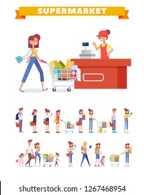 People Shopping in supermarket vector set. Flat Woman cashier and customers. Family shopping together.  Big sale. Flat vector illustration. 