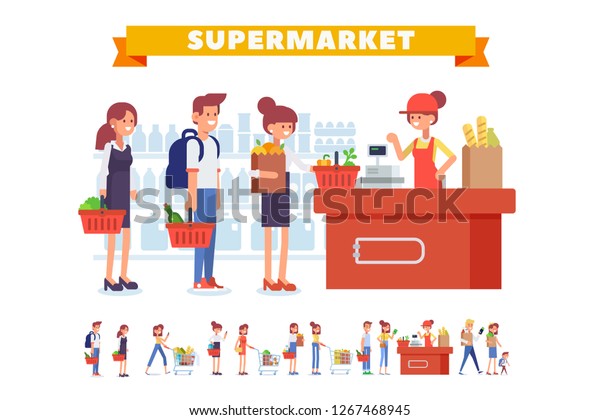 スーパーマーケットのベクター画像セットで買い物をする人 フラットな女性のレジ係とお客さん 家族での買い物 大売り 平らなベクターイラスト のベクター画像素材 ロイヤリティフリー 1267468945