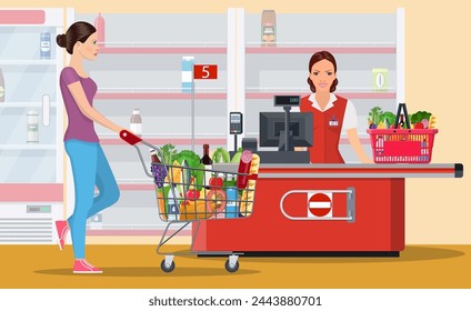 People Shopping in supermarket. woman cashier in supermarket. Cash register, Cashier and buyer with cart. empty store shelves. Vector illustration in flat style