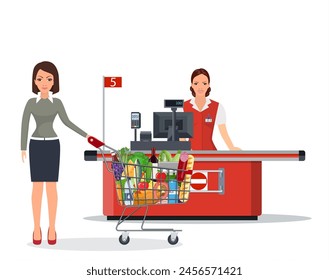 People Shopping in supermarket. woman cashier in supermarket. Cash register, Cashier and buyer with cart. Vector illustration in flat style