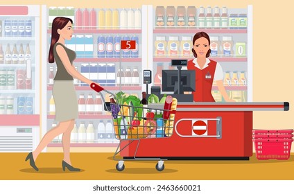 Menschen Einkaufen im Supermarkt. Frau Kassiererin im Supermarkt. Kasse, Kasse und Käufer mit Warenkorb. Vektorillustration im flachen Stil